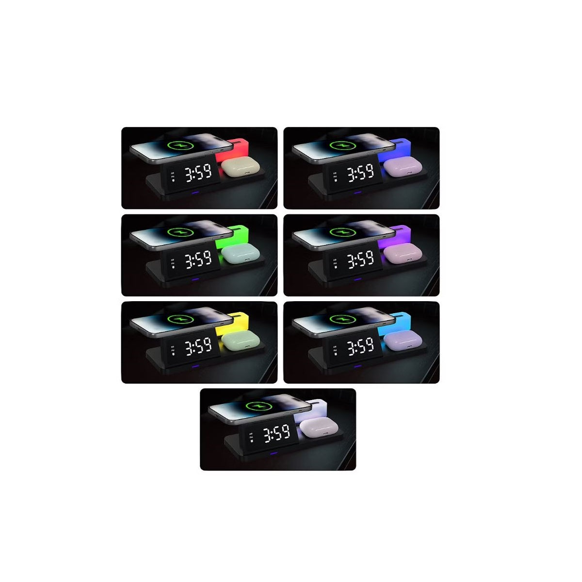 Smartpoint Wireless Charging Alarm Clock with Night Light, Smart Watch and Earbuds Charging Stations SPWLSCHACNL2