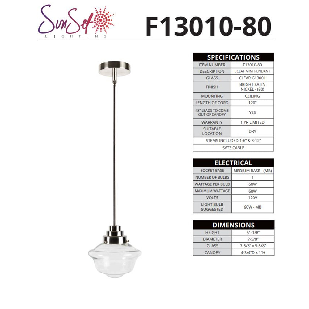 Luminance F13010-80 Eclat 1-light Pendant Bright Satin Nickel