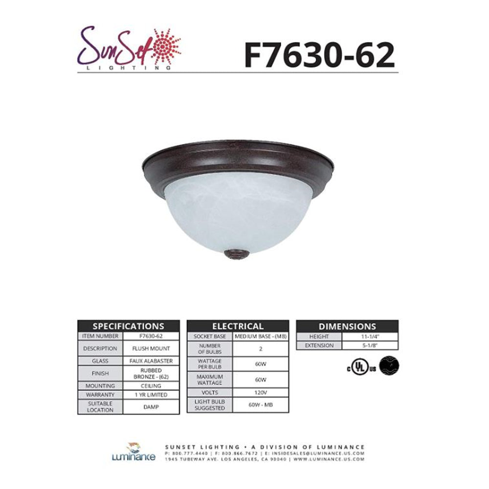 Sunset Lighting 2-Light 11" Flush Mount Faux Alabaster Glass Dimmable Rubbed Bronze F7630-62