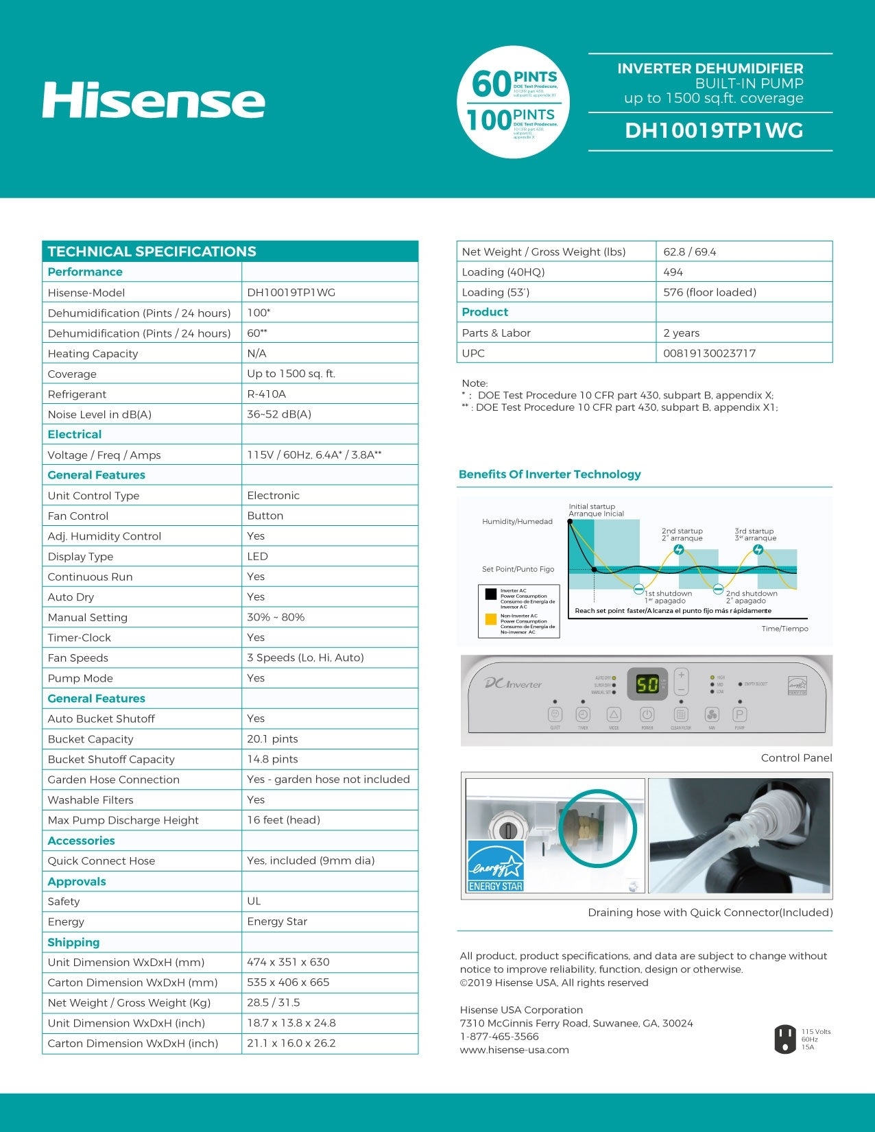 Hisense 60-Pint 3-Speed Inverter Dehumidifier w/ Built-In Pump DH10019TP1WG