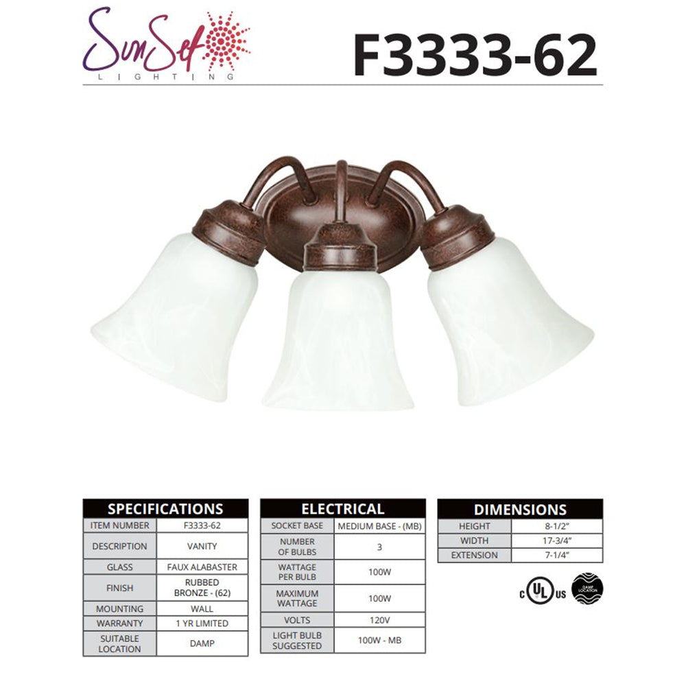 Sunset Lighting 3-Light Bath Vanity Rubbed Bronze Finish with Faux F3333-62