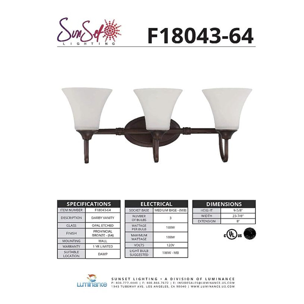 LUMINANCE F18043-64 Vanity Darby 3-Lights 100W Provincial Bronze