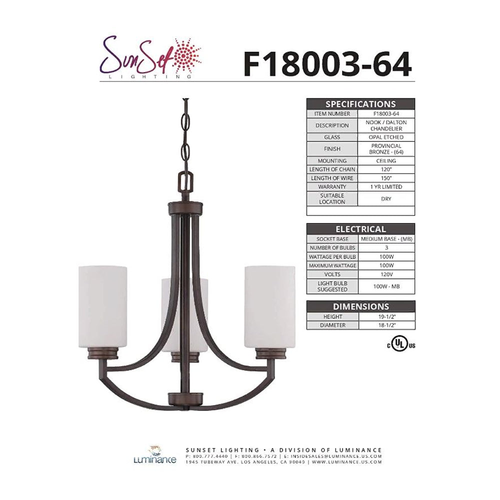 Sunset Lighting F18003-64 Dalton 3-Light Chandelier Opal Etched Glass, Dimmable Provincial Bronze Finish