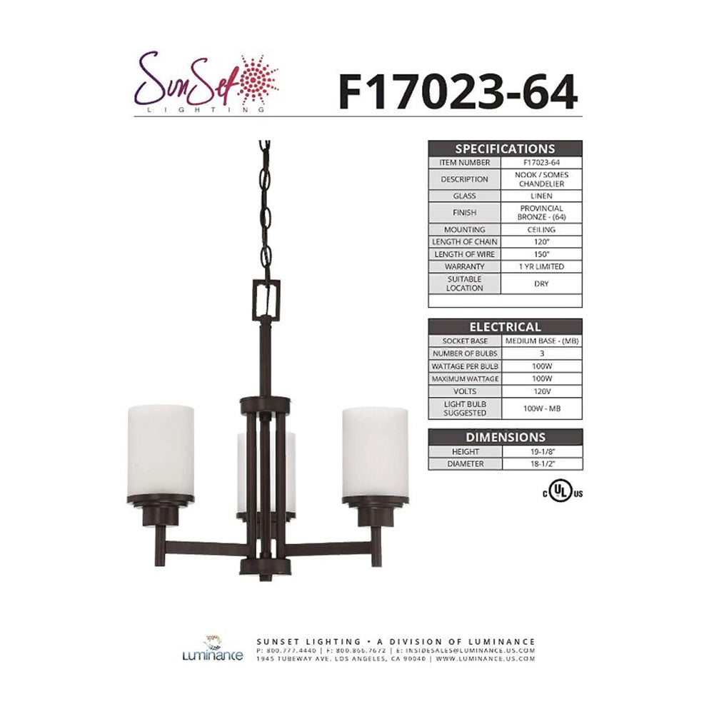 Sunset Lighting F17023-64 Somes Three Light Chandelier Linen Glass, Dimmable With Provincial Bronze Finish