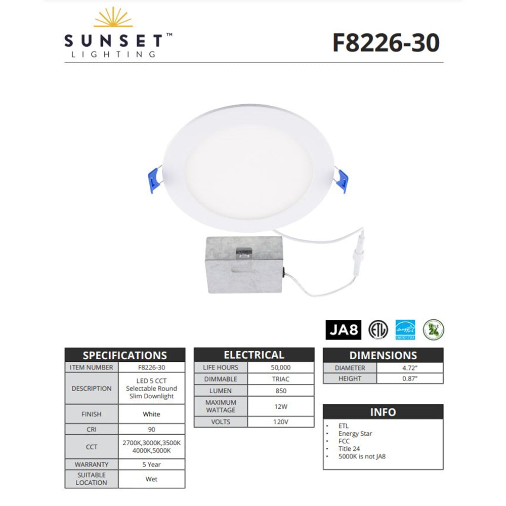 Sunset 5CCT Round LED Ceiling Recessed Downlight 12W F8226-30