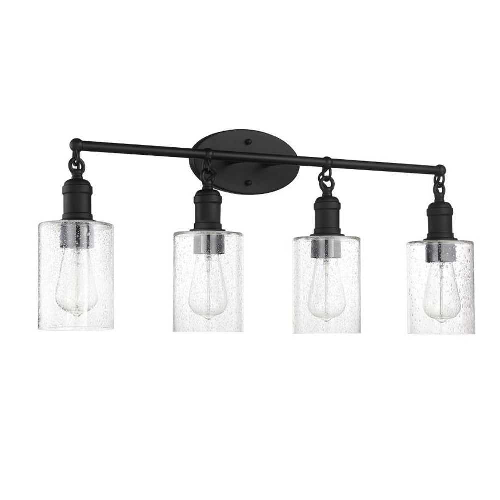 Sunset Lighting F6874-31 Clyde 4-Light Vanity, Steel Round Glass Clear Seedy with Matte Black Finish