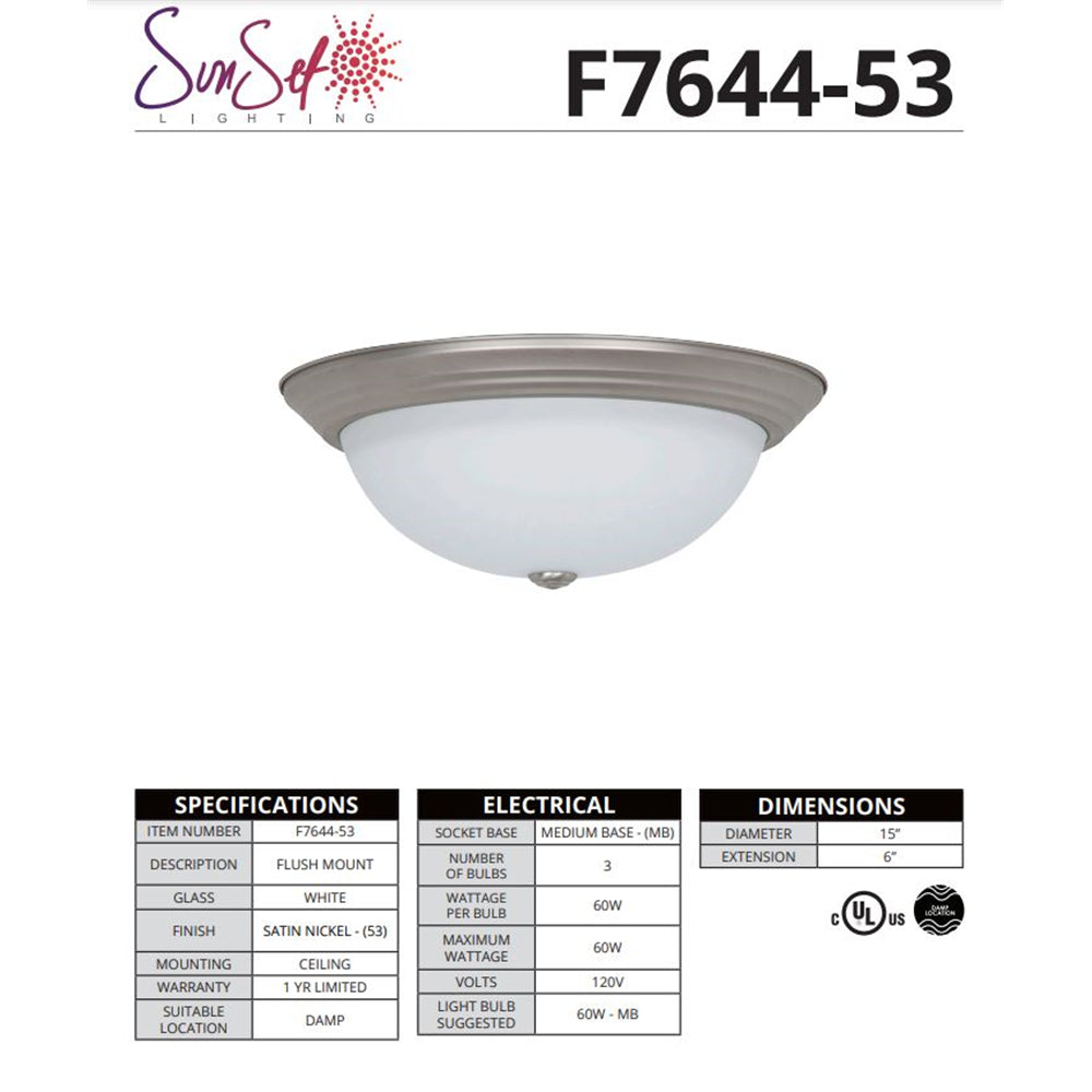 Sunset Lighting 3-light 15" Flush White Glass Satin Nickel F7644-53
