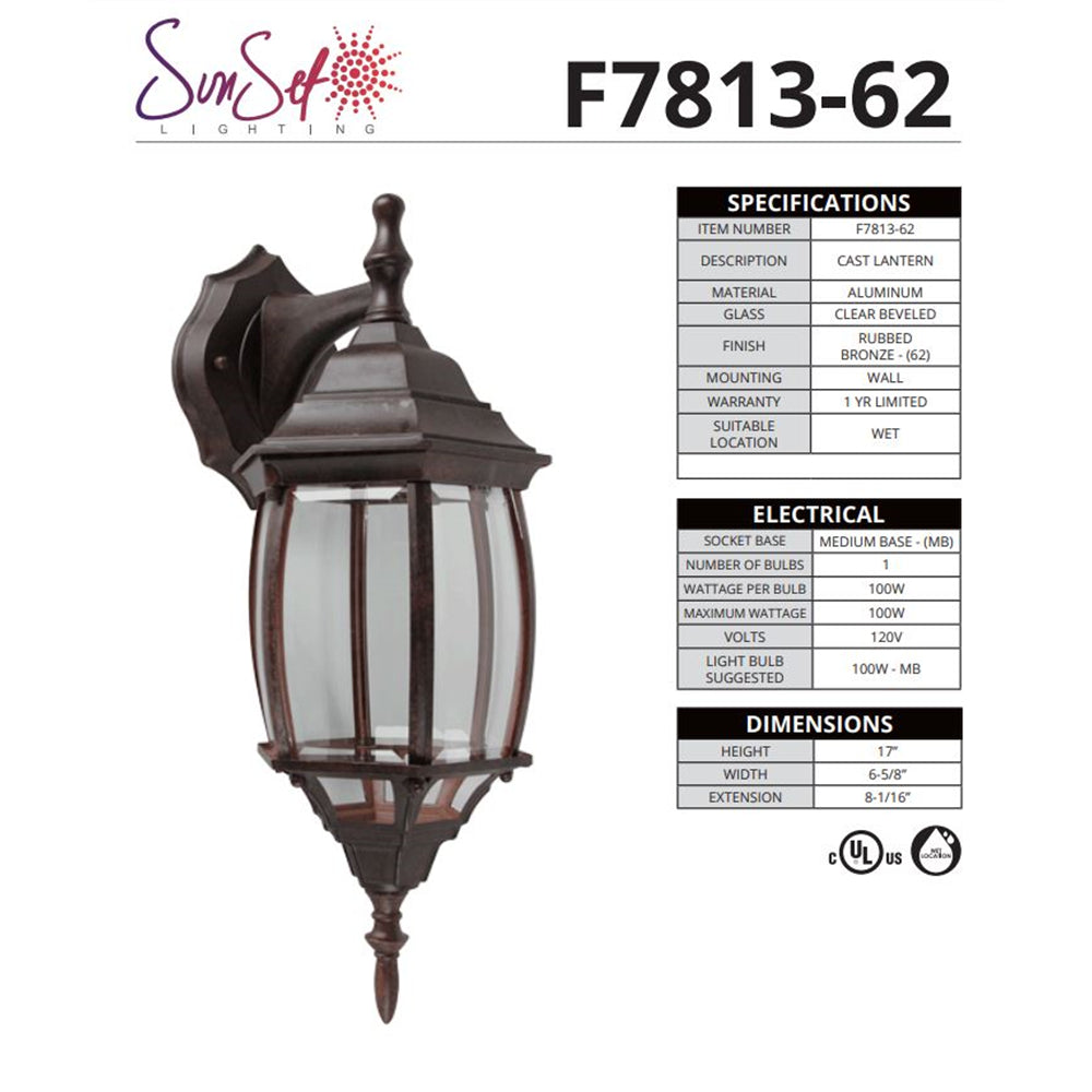 Sunset Lighting F7813-62 Outdoor Wall Sconce with Clear Beveled Glass, Rubbed Bronze Finish
