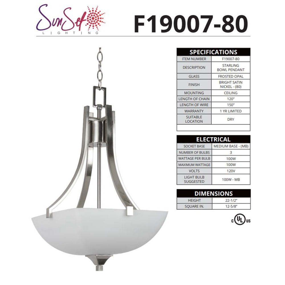 Luminance F19007-80 Pendant Bowl Starling 3-Lights Satin Nickel