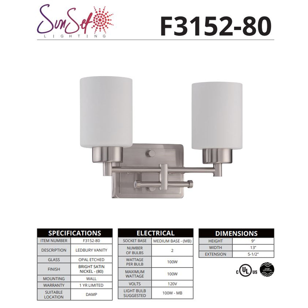 Sunset Lighting F3152-80 Ledbury 2-Light 13" Wide Bathroom Vanity Light - Nickel