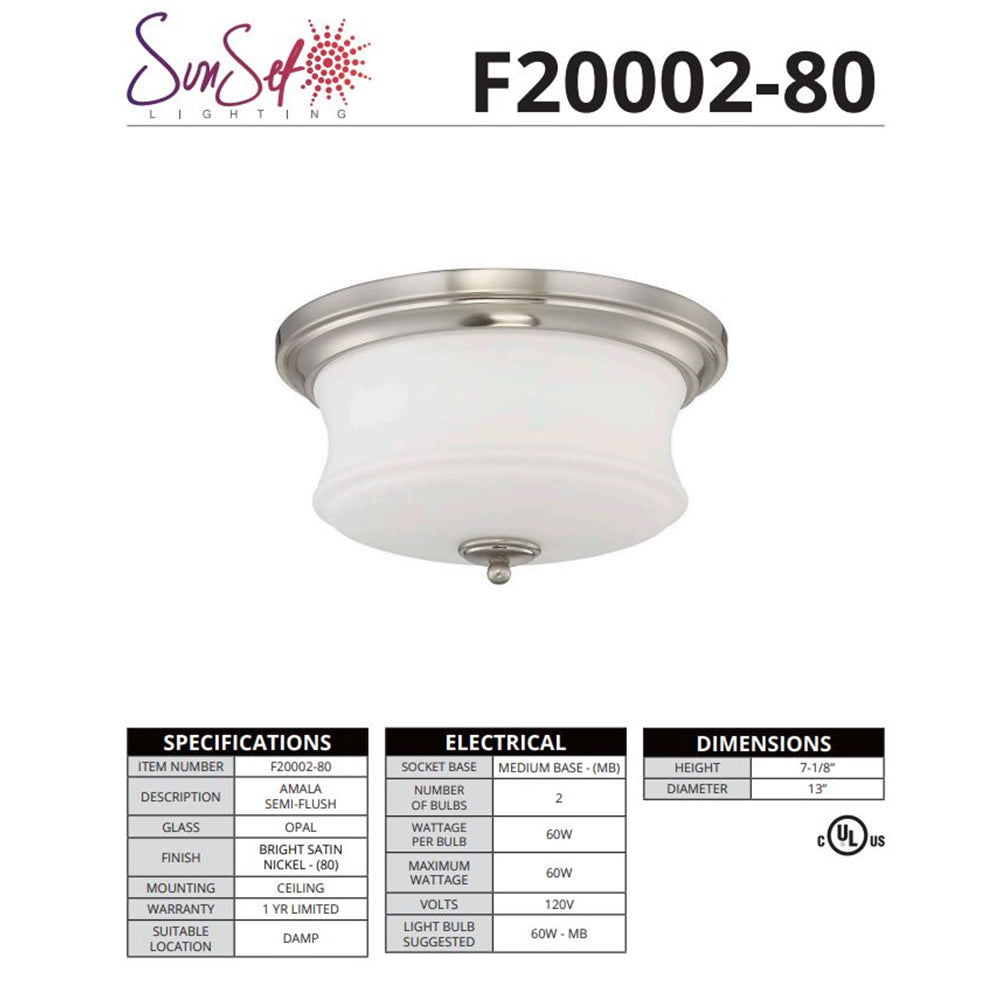 Sunset Amala 2-Light 60W Silver Flushmount Ceiling Light F20002-80