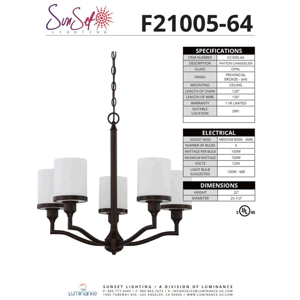 Sunset F21005-64 5 Lt 100W Mb Payton Chandelier Provincial Bronze