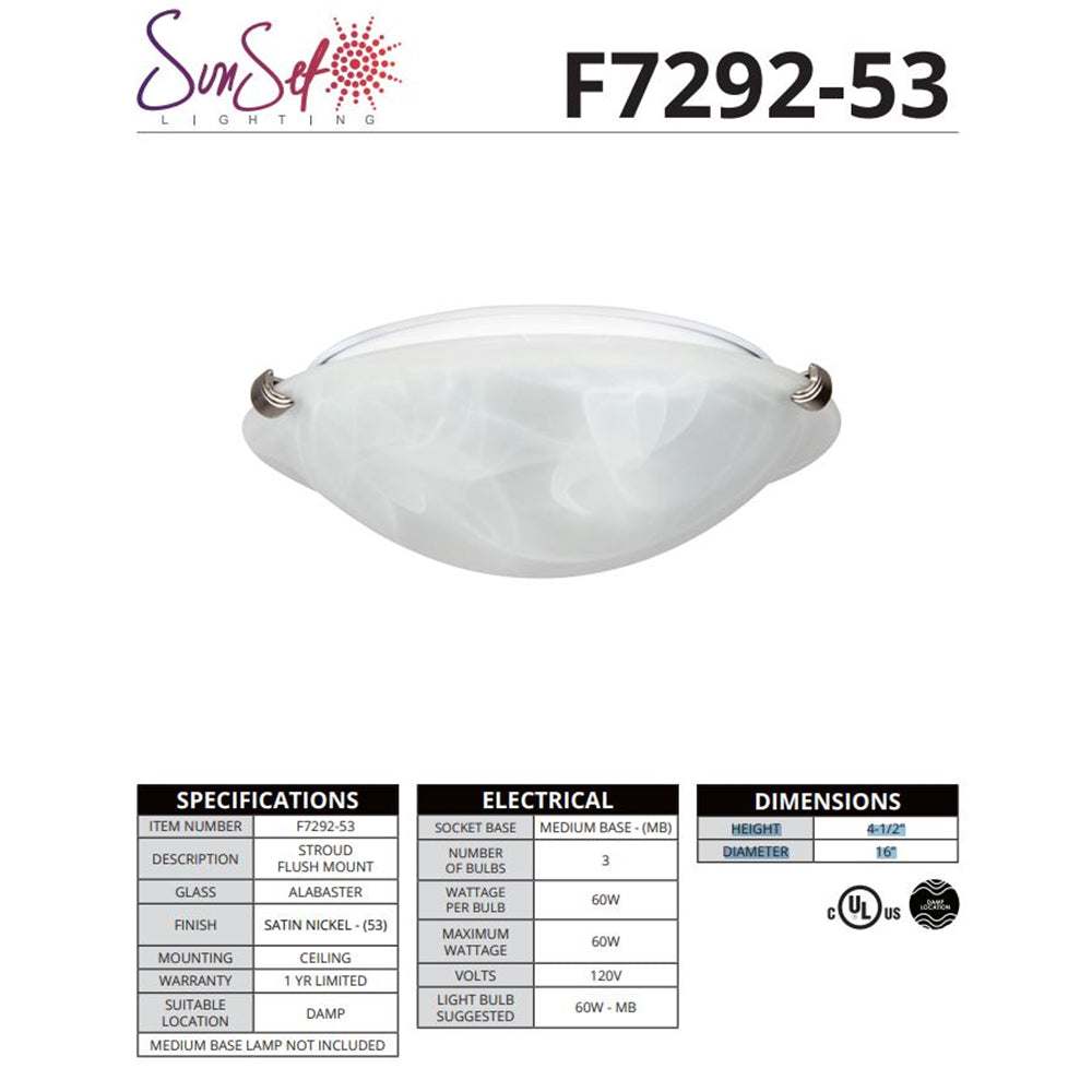 Sunset 16" 3-Light Stroud Flush Mount Satin Nickel F7292-53