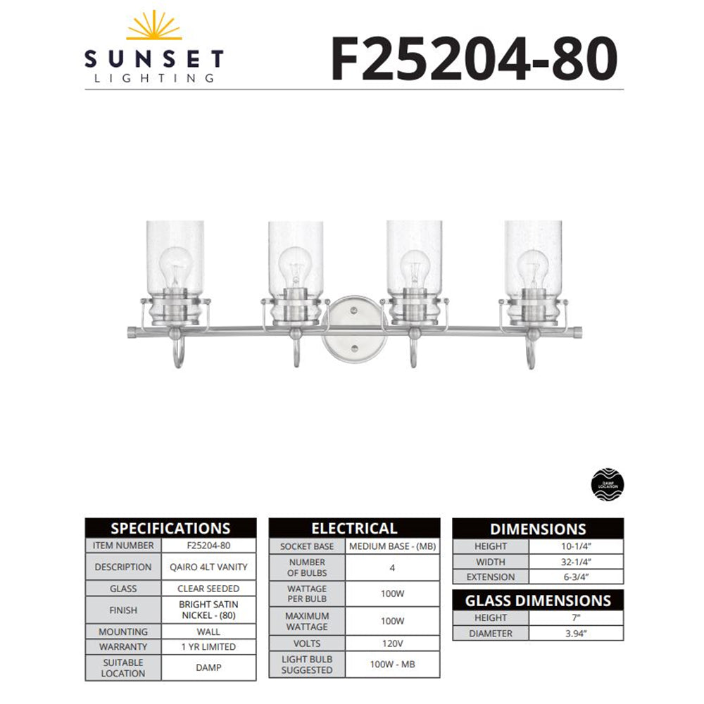 Sunset Lighting Qairo 4-Light Mb Vanity Clear Seeded Glass Bright Satin Nickel F25204-80