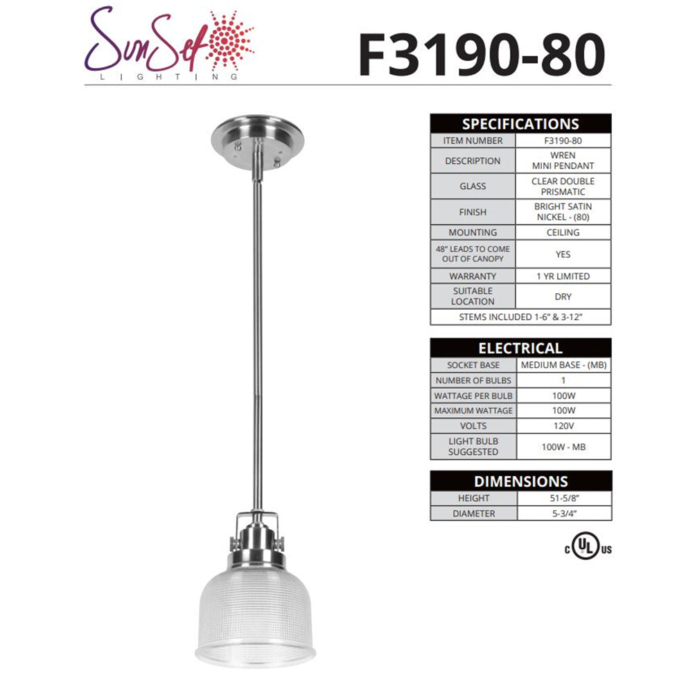 Sunset 1-Light Wren One 100W Mini Pendant F3190-80