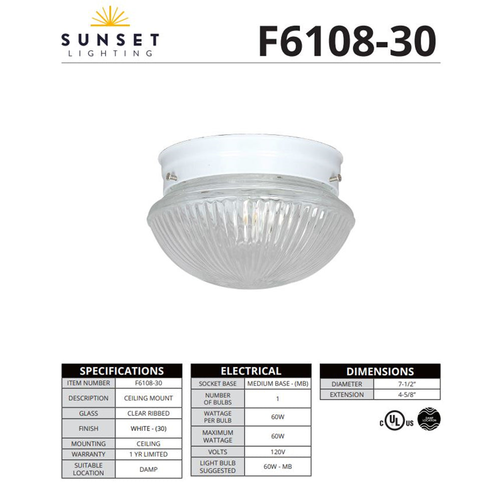 Sunset Lighting F6108-30 Flush Mount 7-1/2" Clear Prismatic Glass, White Finish