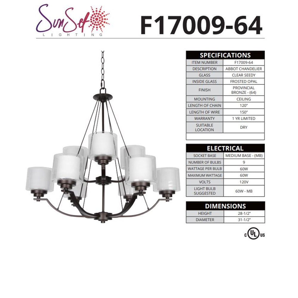 Sunset Lighting 9-Light Chandelier, 60W Provincial Bronze - F17009-64