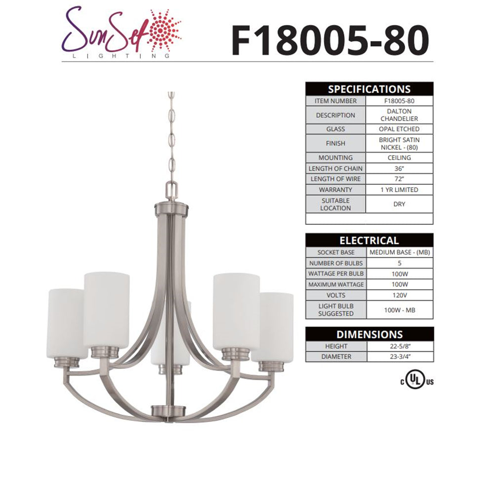 Sunset Lighting Dalton 5-Light Chandelier 100W Opal Etched Glass, Dimmable - With Bright Satin Nickel Finish - F18005-80