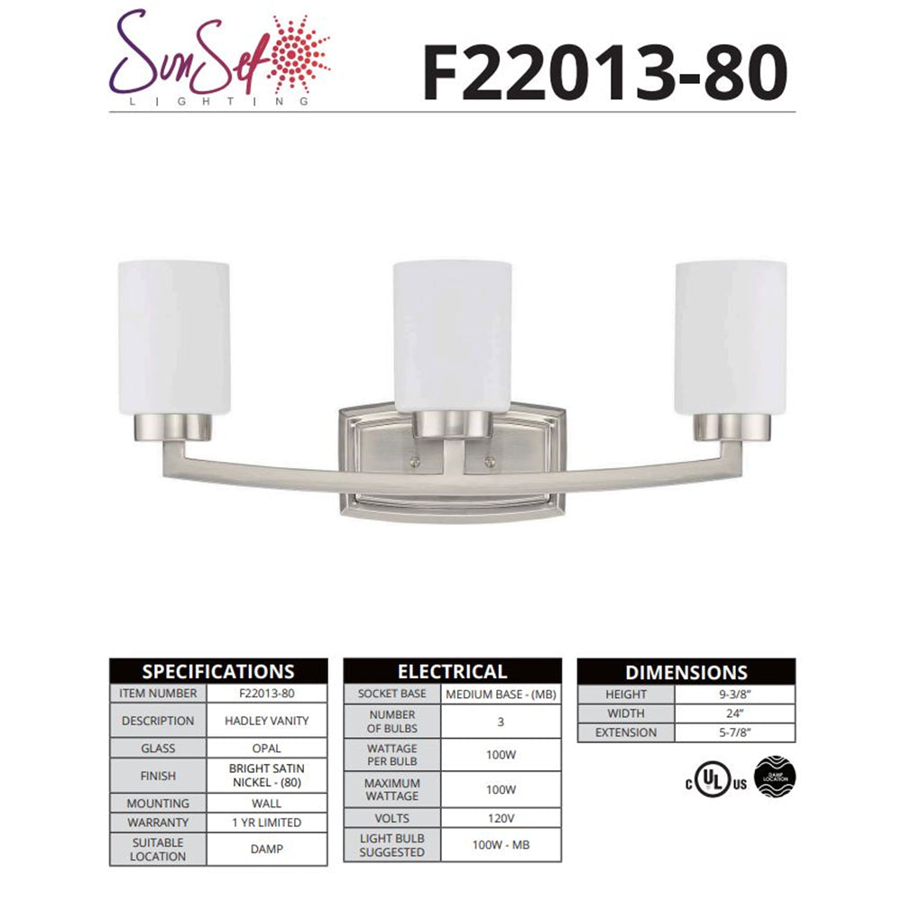 Sunset Lighting 3-Light Vanity, 100W Bright Satin Nickel - F22013-80