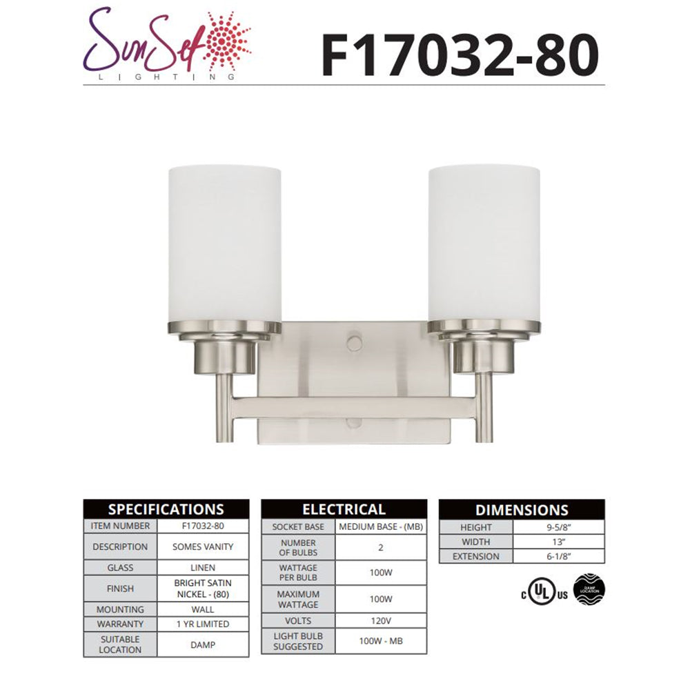 Sunset Lighting Somes 2-Light Vanity Linen Glass Bright Satin Nickel Finish F17032-80