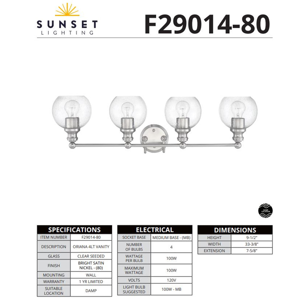 Sunset Lighting Oriana 4-Light Mb Vanity w/ Clear Seeded Glass Satin Nickel F29014-80