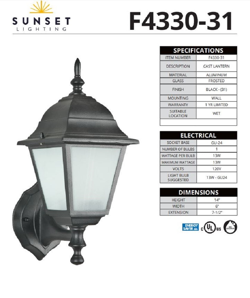 Sunset Lighting 1-Light 13W Outdoor Wall Lantern w/ Frosted Glass, Black Finish F4330-31