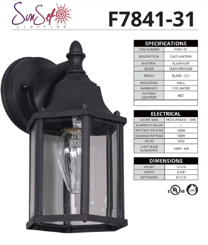 Sunset Lighting 1-Light Outdoor Wall Sconce Clear Beveled Glass, Black Finish F7841-31