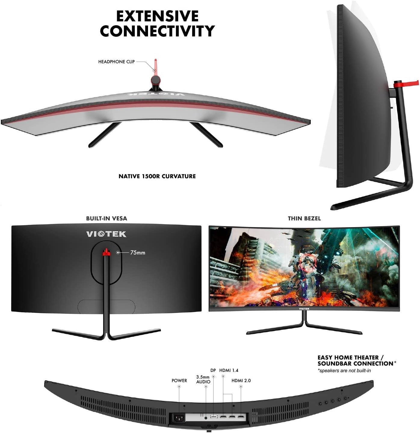 Viotek 34" LED Curved 144Hz Multimedia Gaming Monitor, GNV34DB2, 21:9 3440x1440p, HDR, 4000:1, 2X DP 2X HDMI 1x Audio Out (VESA)