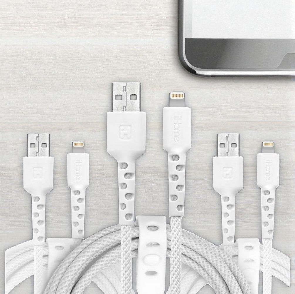 iHome TPE Durastrain Lightning to USB-A Nylon Braided Charging Cable with Silicone Wrap, 3 pk 2IHLC2289W0L2