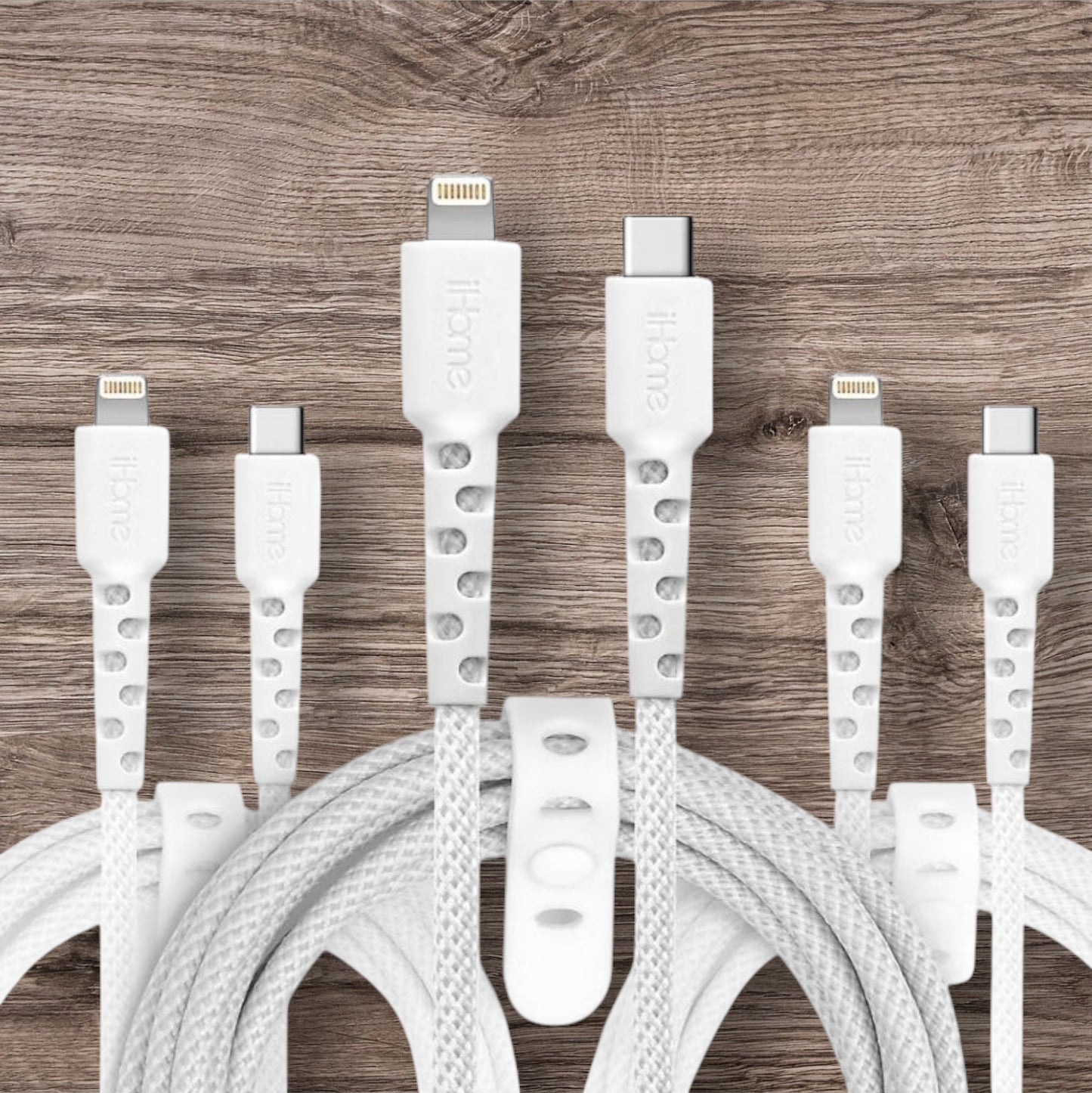 iHome TPE Durastrain Lightning to USB-C Nylon Braided Charging Cable with Silicone Wrap, 3 pk.