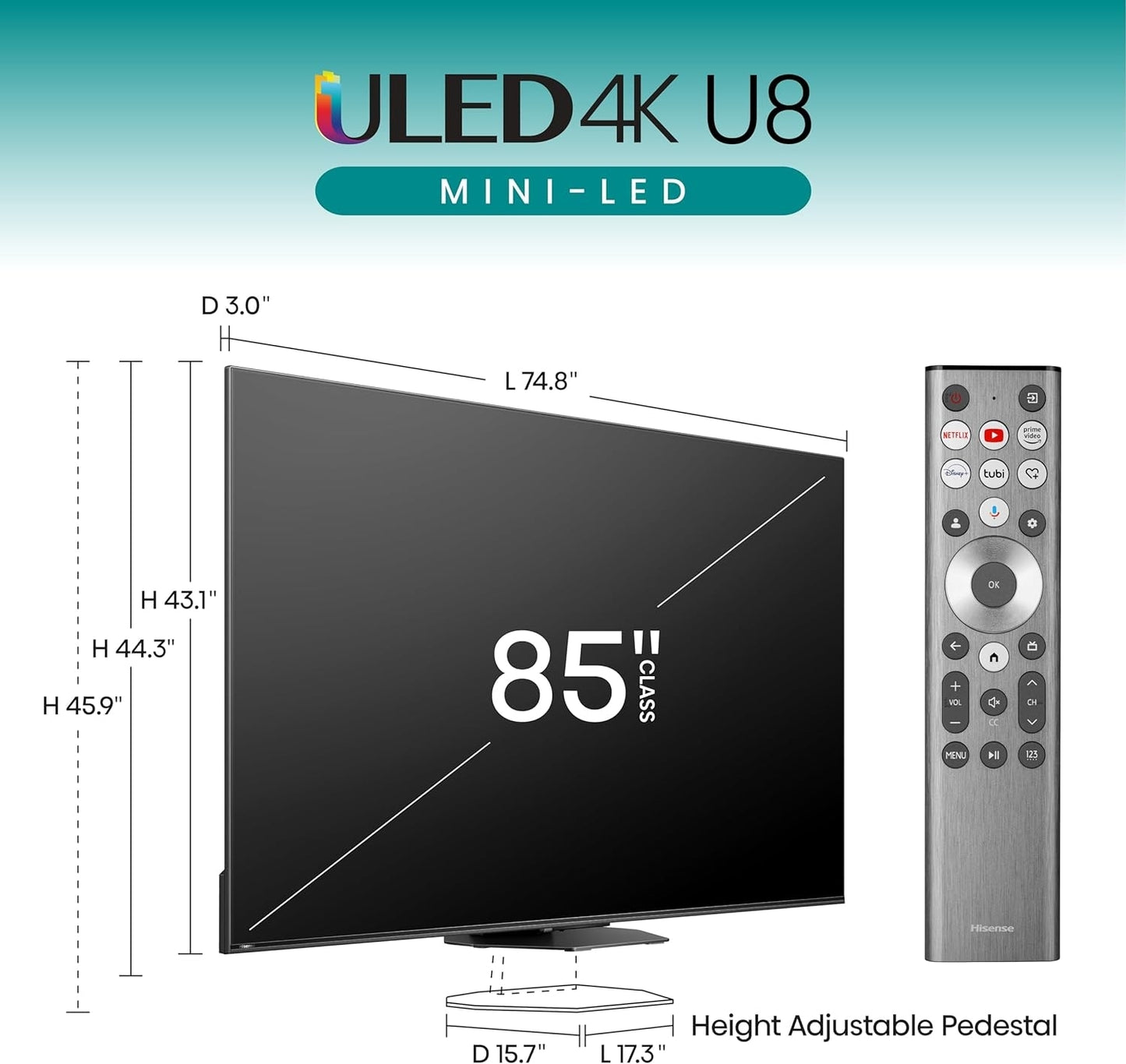 Hisense 85" LED U8 Series Mini-LED ULED 4K UHD Google Smart TV 85U8N