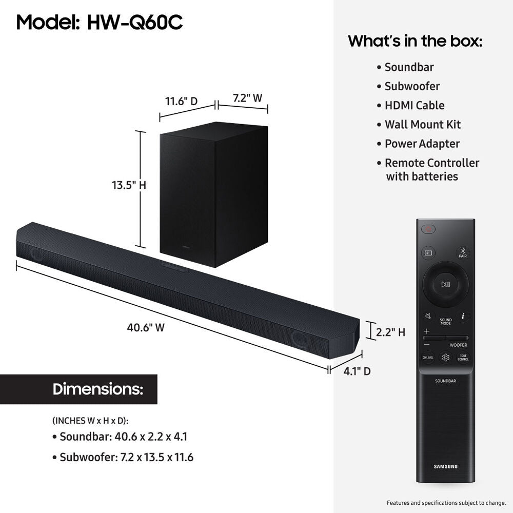 Samsung Soundbar 3.1Ch 340W w/ Wireless Subwoofer HDMI eARC Black HW-Q6CC