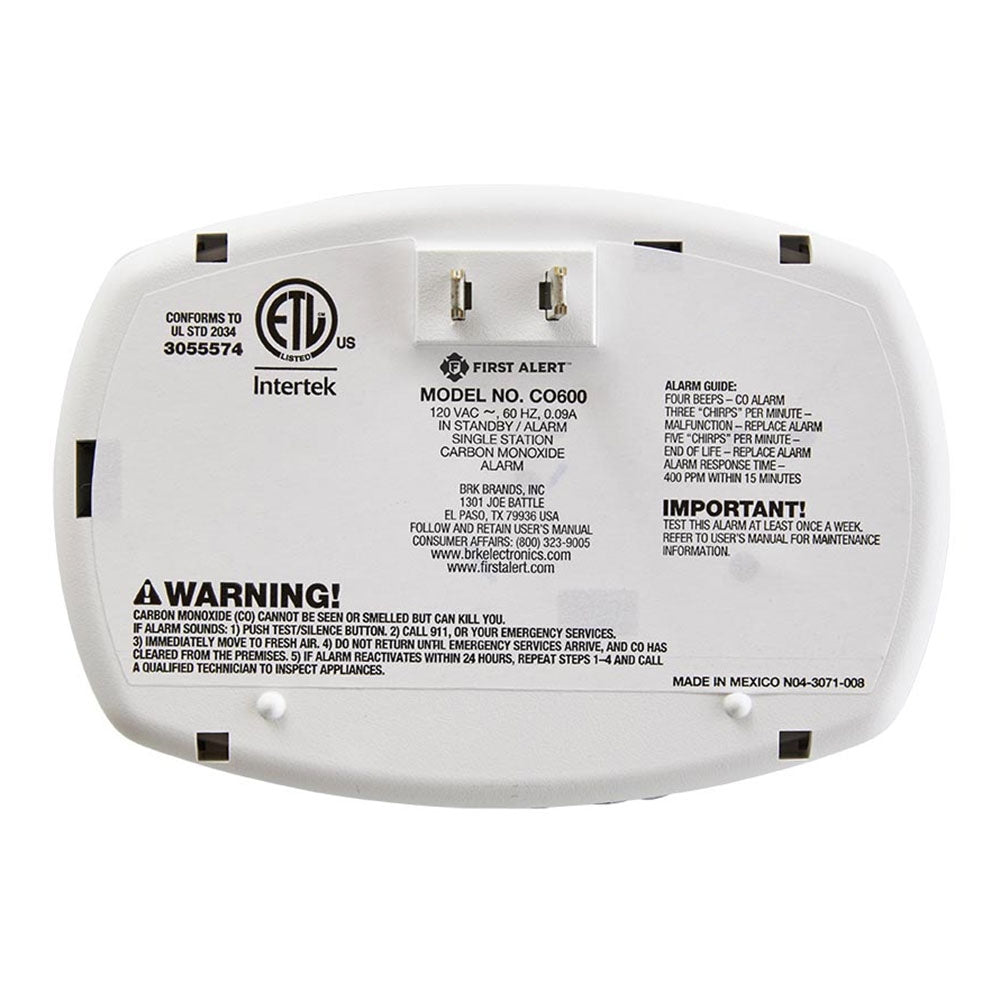 First Alert Basic Plug-In Carbon Monoxide Alarm - CO600 (1039730) - Wired - 120 V AC - 85 dB
