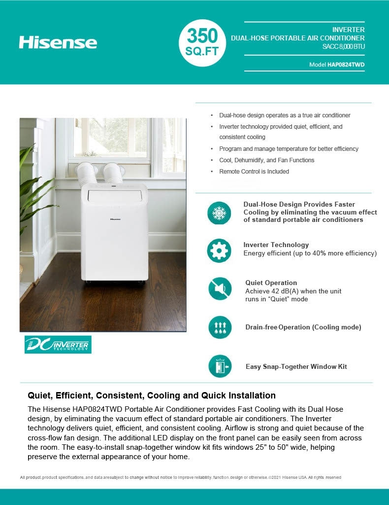 Hisense 8,000 BTU Portable Air Conditioner with Dual Hose & Inverter, 350 Sq Ft, Wi-Fi, ConnectLife App for Google and Alexa, 3 operating modes, Noise 42 dB(A) - HAP0824TWD
