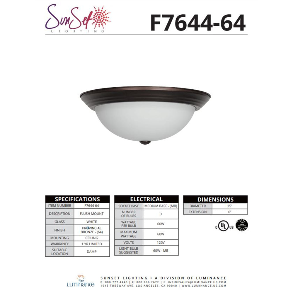 Sunset Lighting 3-Light 15" Flush Mount Light Provincial Bronze F7644-64