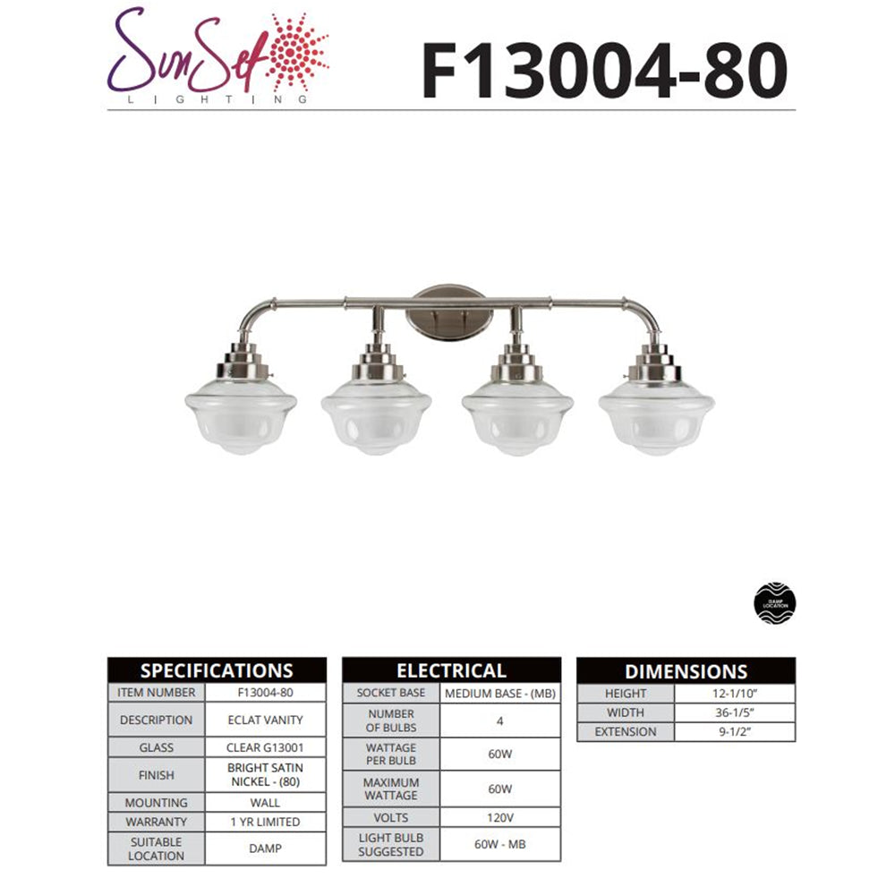 Sunset Lighting 4-Light Vanity, 60W Bright Satin Nickel - F13004-80