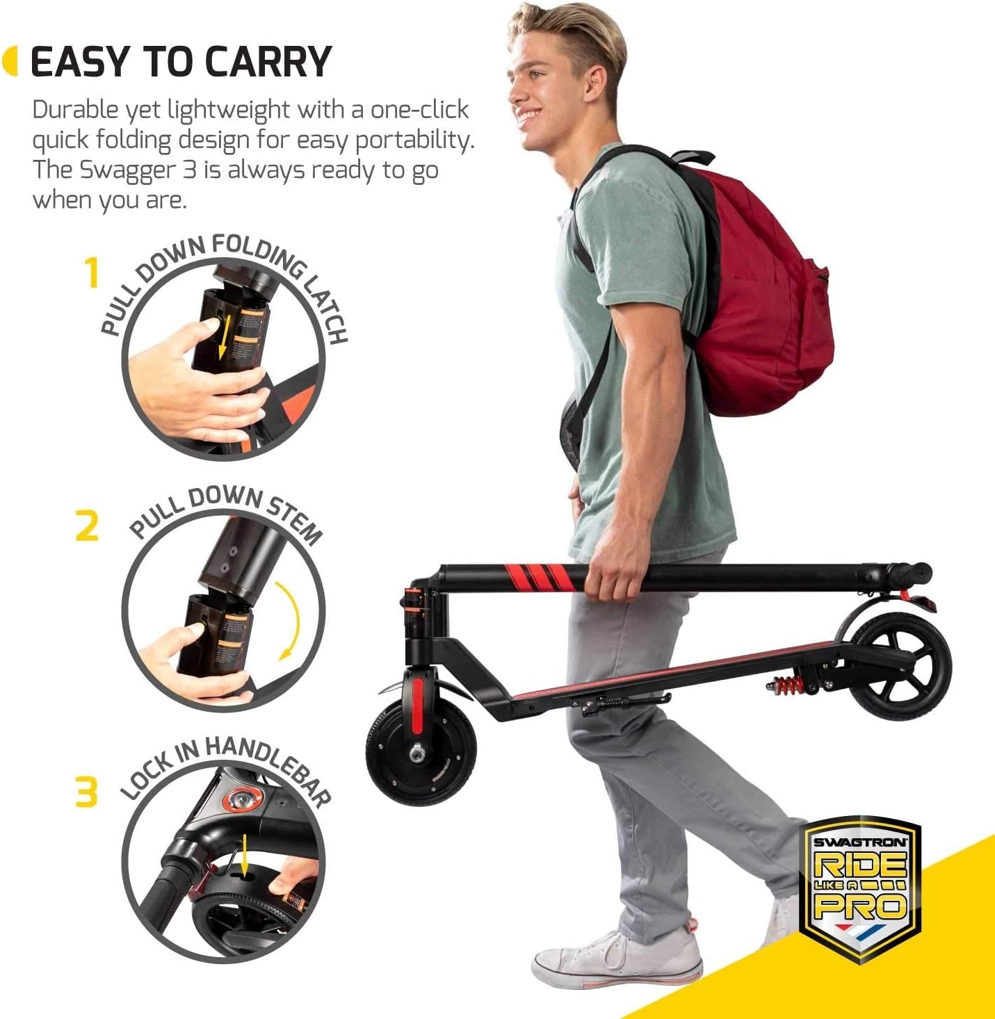Swagtron Swagger SG-3 Pro Scooter, 250W motor, Up to 220.5 lbs., Up to 15.5 mph - 90033-5
