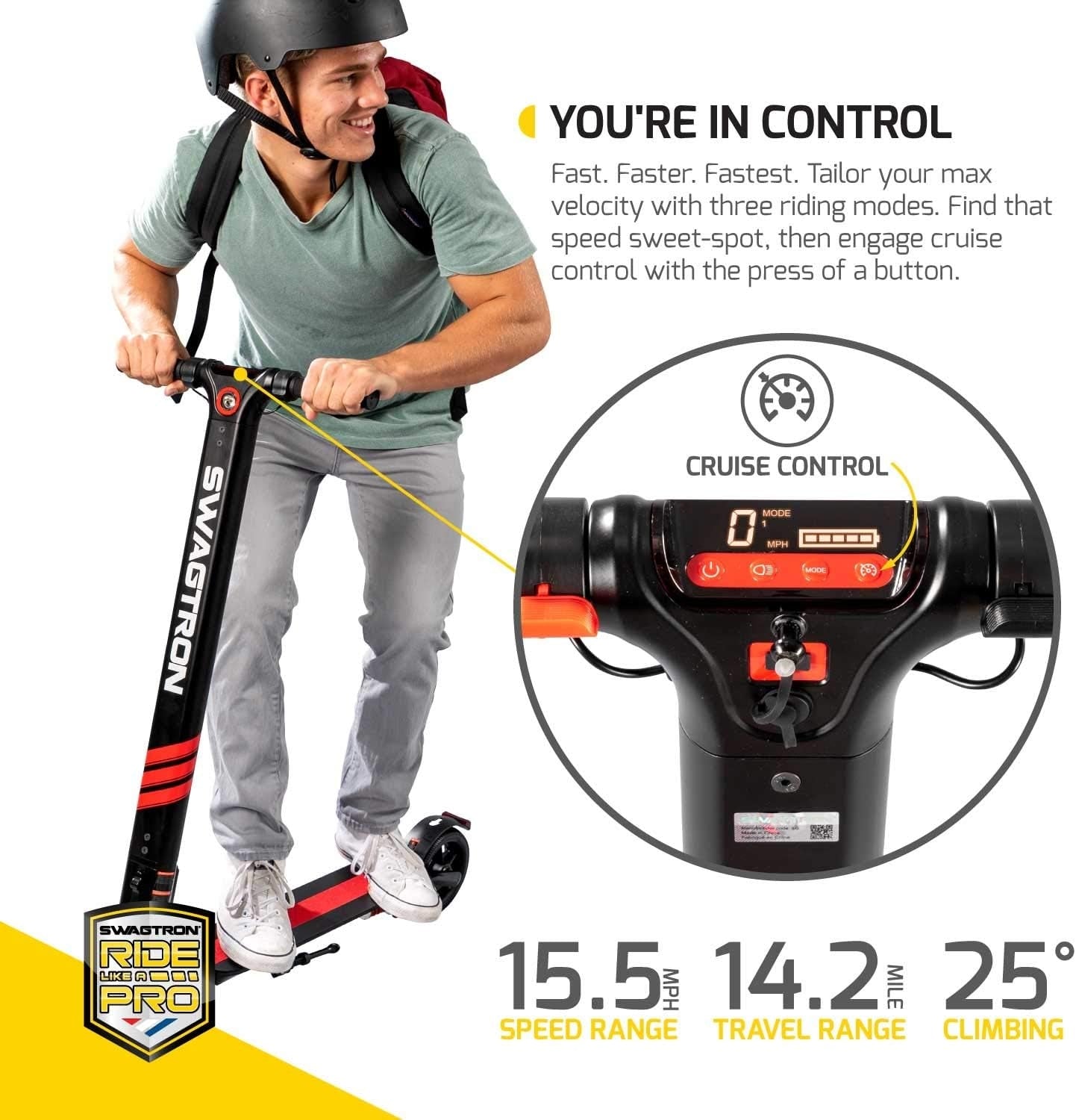 Swagtron Swagger SG-3 Pro Scooter, 250W motor, Up to 220.5 lbs., Up to 15.5 mph - 90033-5