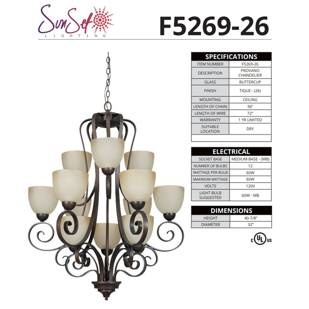 Sunset Lighting F5269-26 3-TIER Chandelier Buttercup Glass, Tique Finish -12-LT 3-TIER 60W MB PROVANO CHANDELIER