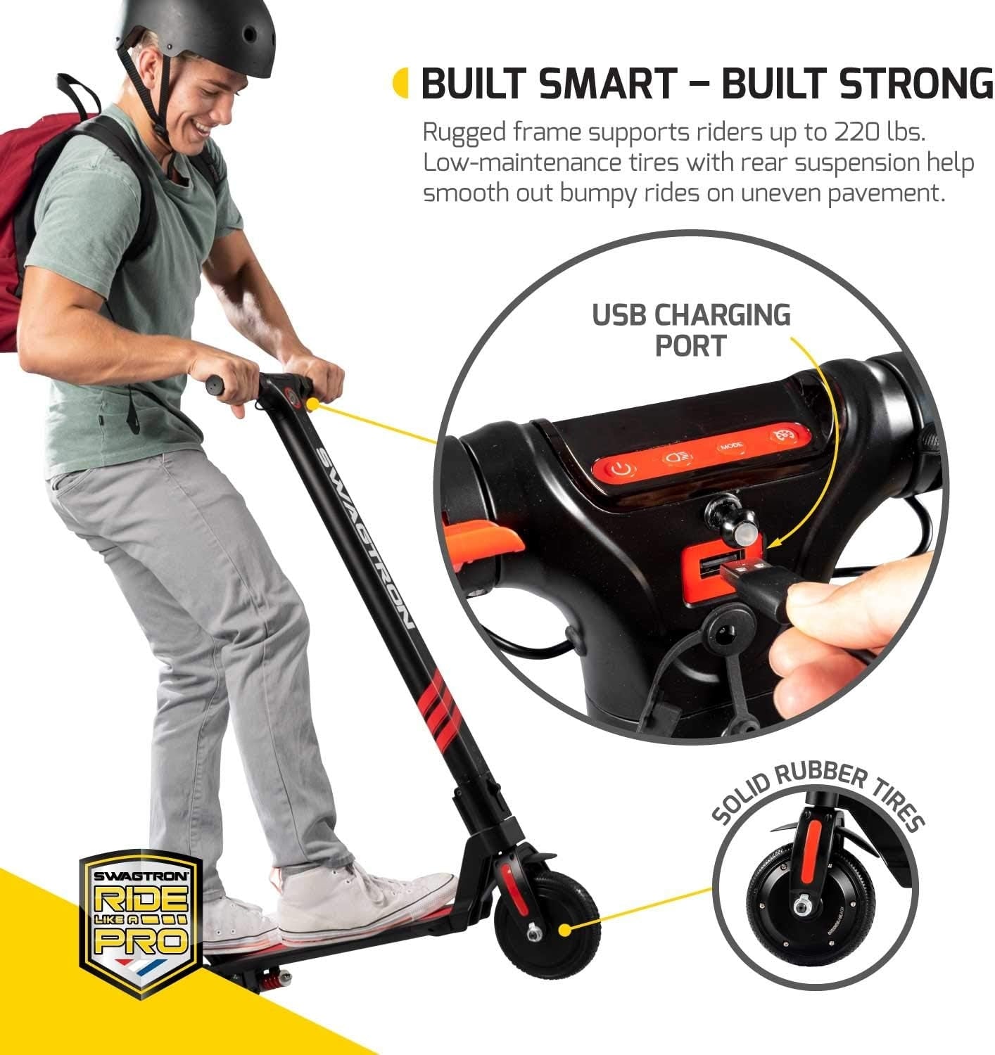 Swagtron Swagger SG-3 Pro Scooter, 250W motor, Up to 220.5 lbs., Up to 15.5 mph - 90033-5