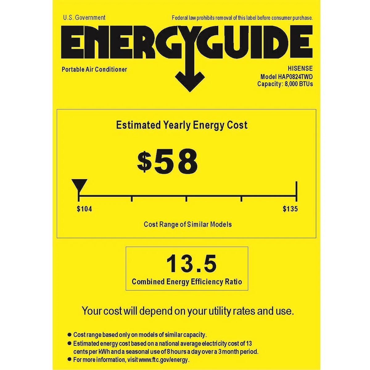 Hisense 8,000 BTU Portable Air Conditioner with Dual Hose & Inverter, 350 Sq Ft, Wi-Fi, ConnectLife App for Google and Alexa, 3 operating modes, Noise 42 dB(A) - HAP0824TWD