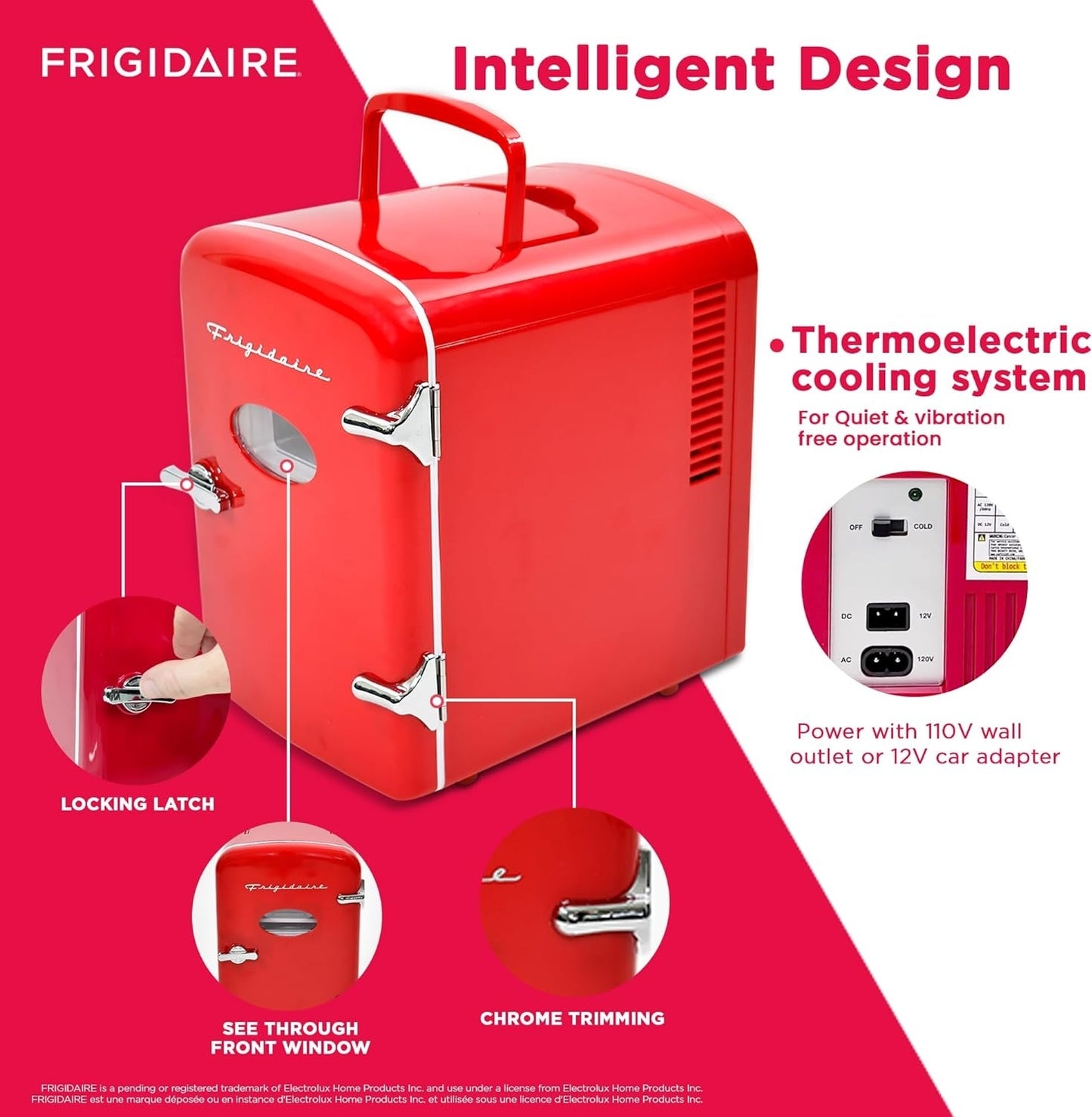 Frigidaire Portable Retro 6-can or 4 Liter Mini Fridge, 12V car adapter & 110v