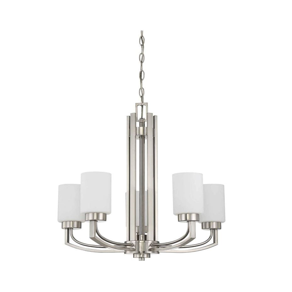 Sunset Lighting Hadley 5-Light Chandelier, Opal Glass 100W Bright Satin Nickel Finish