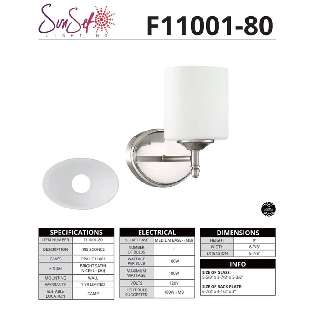 Sunset Lighting 1-Light Vanity 100W Bright Satin Nickel - F11001-80
