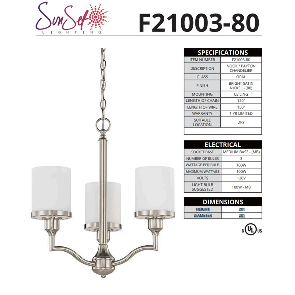 LUMINANCE Chandelier Payton 3 Lights Satin Nickel - F21003-80