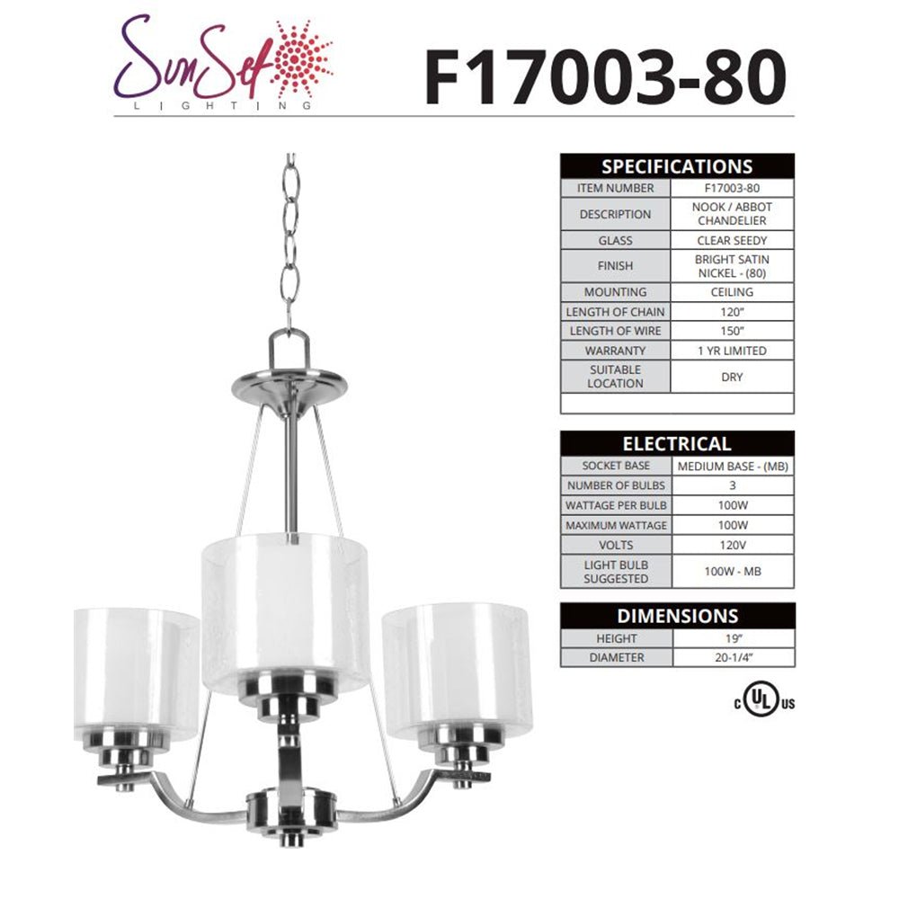 Sunset Lighting 3-Light Chandelier 100W Bright Satin Nickel - F17003-80