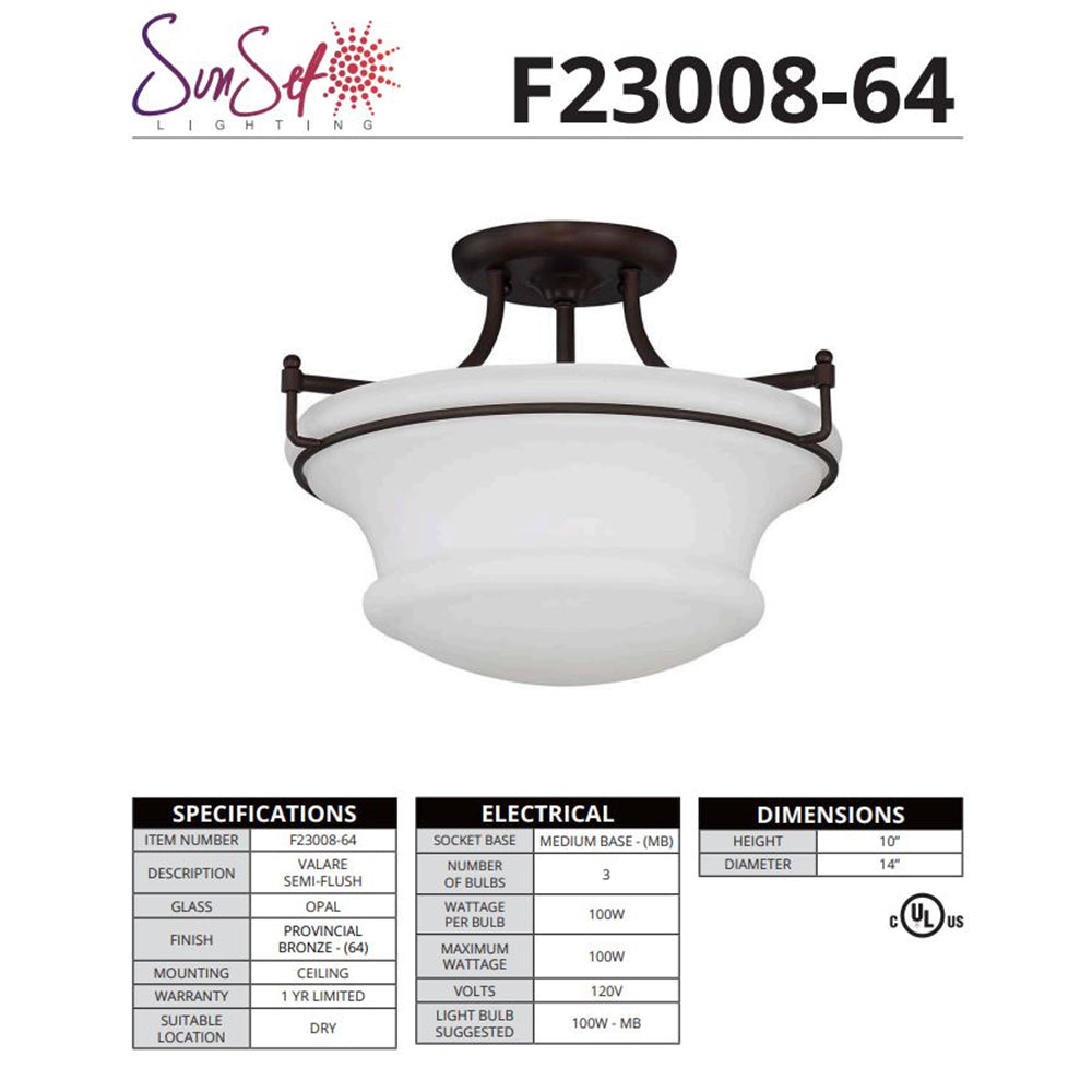 Sunset Valare 3-Light 100W MB Semi-Flush Provincial Bronze F23008-64