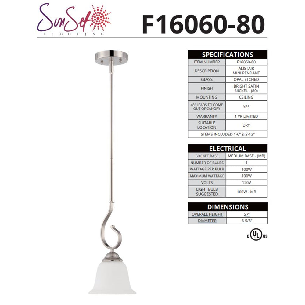 Sunset 1-Light Alistair Mini Pendant 100W Bright Satin Nickel F16060-80