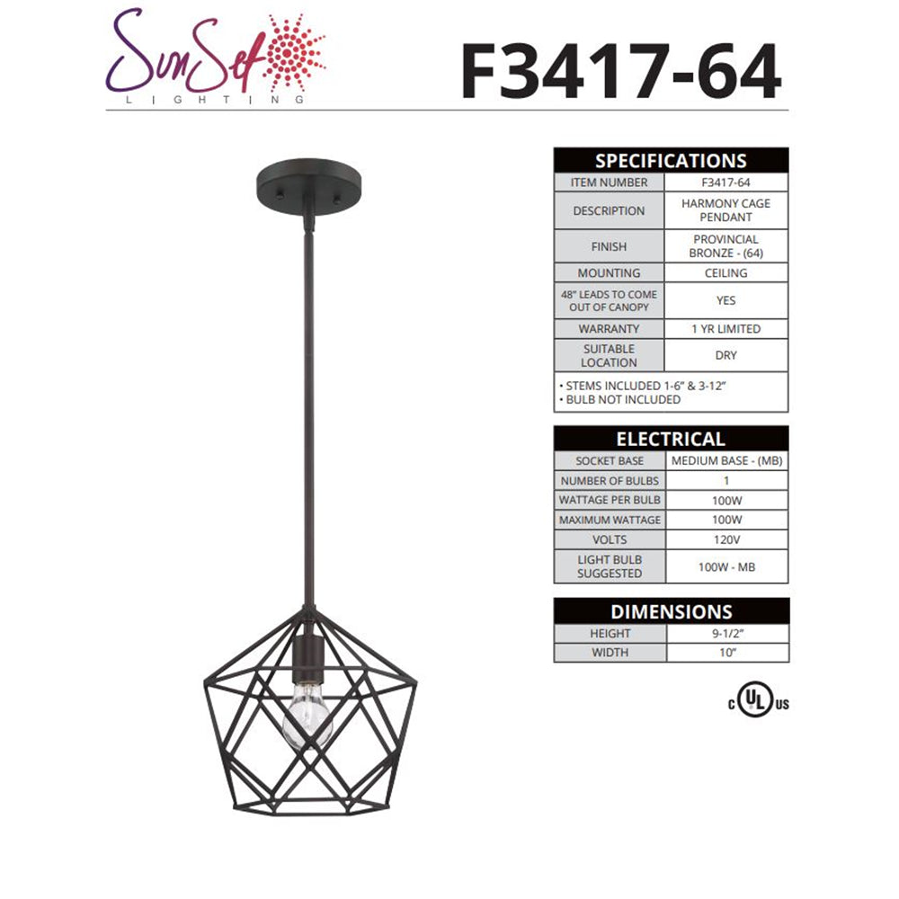 Sunset Lighting 1-Light Cage Harmony Pendant 100W Provincial Bronze Finish F3417-64