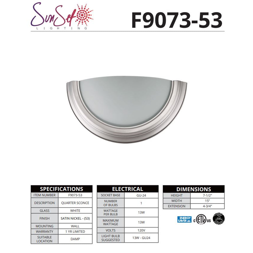 Sunset 1-Light Wall Quarter Sconce Glass Sconce Satin Nickel F9073-53